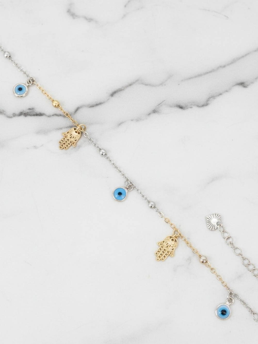 18K Gold Filled & Silver Hamsa and Blue Evil Eye Bracelet